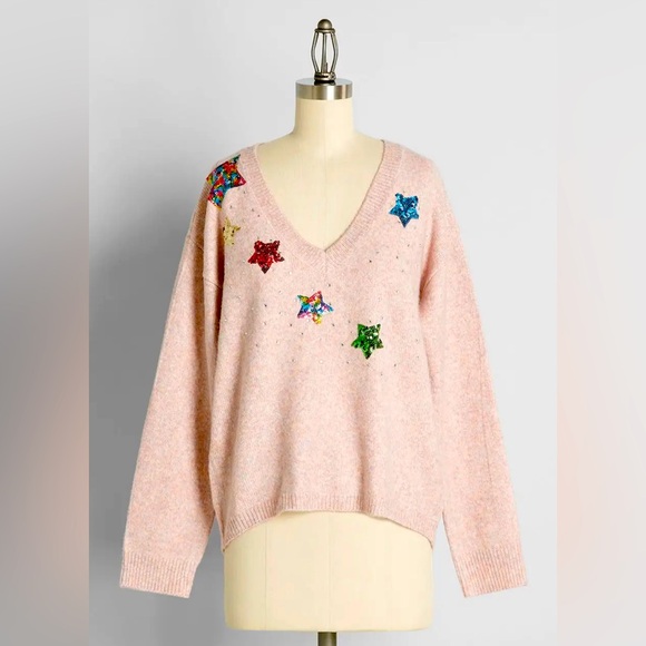 Sparkles and Stardust Embellished V-Neck Sweater from Modcloth - Picture 1 of 2
